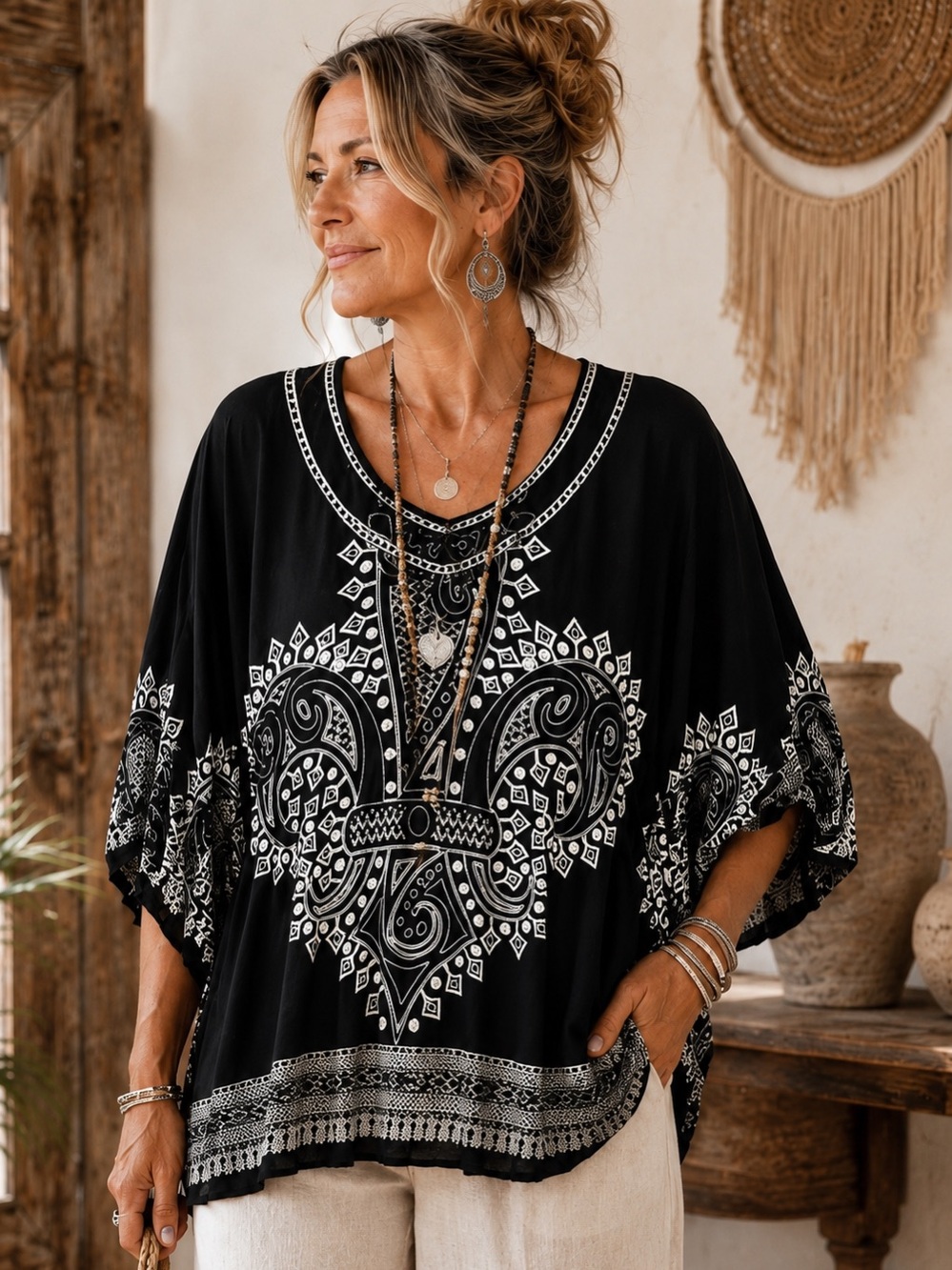 Minkas Black White Boho Dolman Sleeve Oversized Tunic Top
